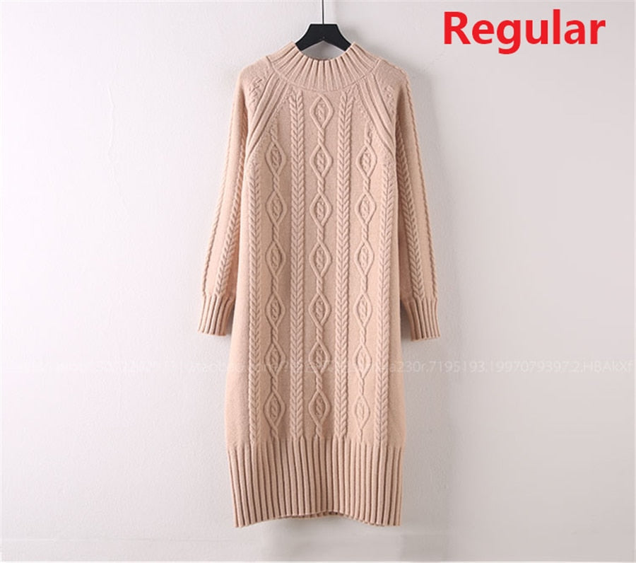 Winter Thicken Plus Velvet Sweater Dress Women's Fall Mock Neck Rib Knit Bottoming Dresses Elegant Warm Vestido Midi With Coats khaki