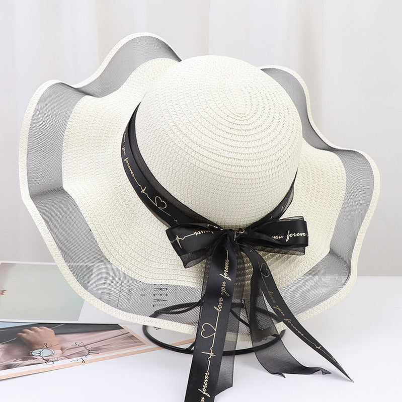 Korean Style Woman Straw Hat Bow Ribbon Large Brim Sunshade Ins Outing Fashion Beach Holiday ladies sun Hat Ivory 57 cm