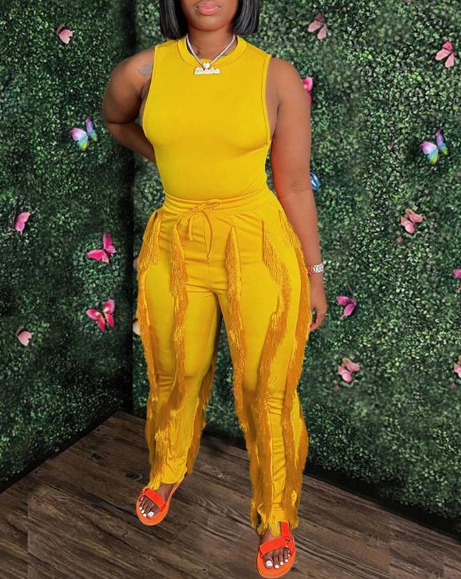 Fashion Solid Romper Casual Tank Top &amp; Tassel Decor Drawstring Pants Set Skinny Tank Jumpsuits Summer Female Outfit Streetwear F