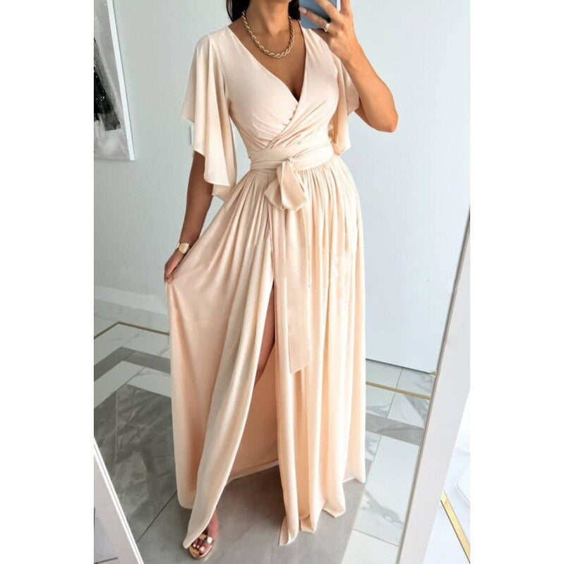 Solid Color High Waist Lace-up Gown Ladies Elegant Commuter Evening Party Split Hem Dressy Women's V Neck Flared Sleeve Dresses Khaki