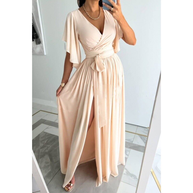 Solid Color High Waist Lace-up Gown Ladies Elegant Commuter Evening Party Split Hem Dressy Women's V Neck Flared Sleeve Dresses Khaki