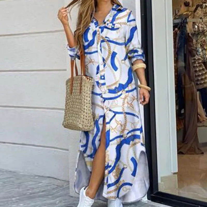 Casual Long Shirt Dress Autumn Women Long Sleeve Maxi Dresses Laides Turn-down Collar Office Dresses Loose Sundress Robe Longue white blue
