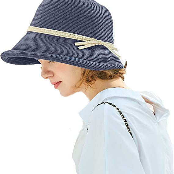 FS French Straw Bonnet Cap for Women Victorian Sun Hats Chin Strap Foldable Summer Accessories Bucket Hat Fedoras For Beach Navy Blue M(55-58CM)