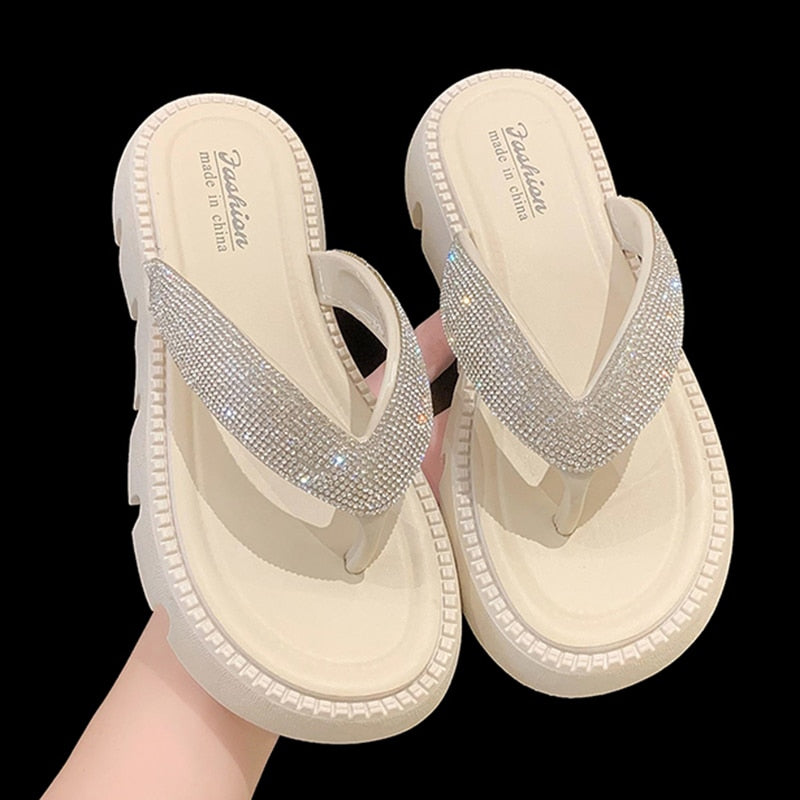 Thick Platform Shiny Crystal Flip Flops Women Summer 2023 Soft Bottom Beach Sandals Shoes Woman Fashion Clip Toe Clogs Slippers
