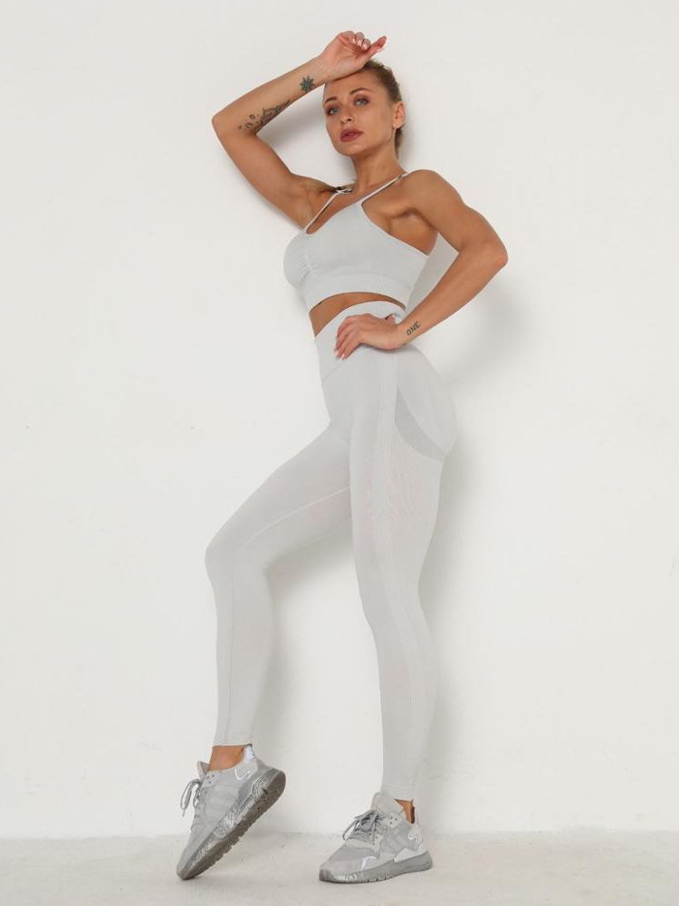 Women's Sets Skinny Tracksuit Breathable Bra Long Sleeve Top Seamless Outfits High Waist Push Up Leggings Gym Clothes Sport Suit Bra Set Light Grey