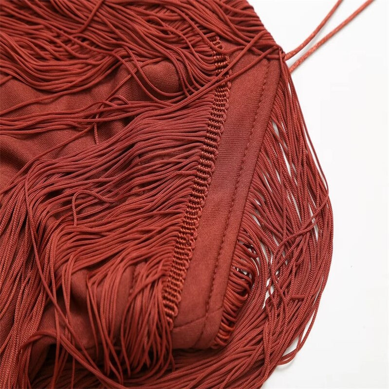 Fringed Slip Midi Dresses For Woman Sexy Backless Luxury Party Dress Woman Vintage Brown Sleeveless Dress Summer Dress