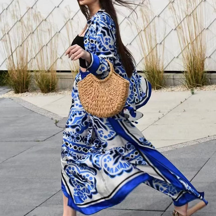 Woman Shirts Pants Sets New Summer Geometric Print Loose Long sleeved Shirts Fashion Elastic Waist Wide Leg Pants Outfits