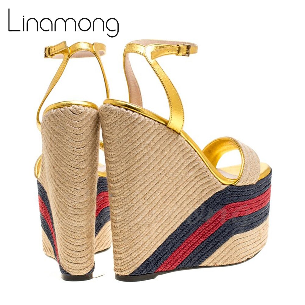 Metallic Gold Leather Espadrille Wedge Sandals Platform Ankle Strap Summer Sandals Color Block Round Toe Super High Heel Sandals