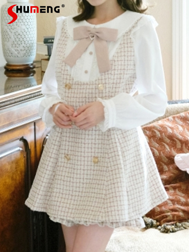 Japanese Style Cute Sweet Shorts Suit 2023 Spring and Autumn Lace Up Bow Neck Plaid Coat Suit Girl and Short Pants 2 Piece Sets