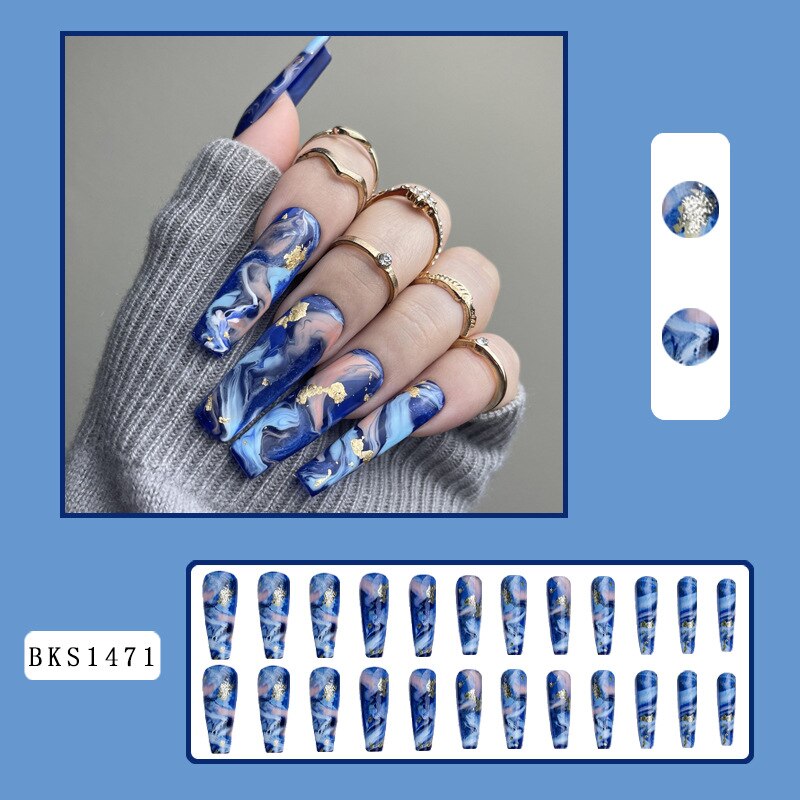 3D ballet fake nails accessories long french coffin tips Dream Blue Ink Printing with gold foils faux ongles press on false nail Default Title