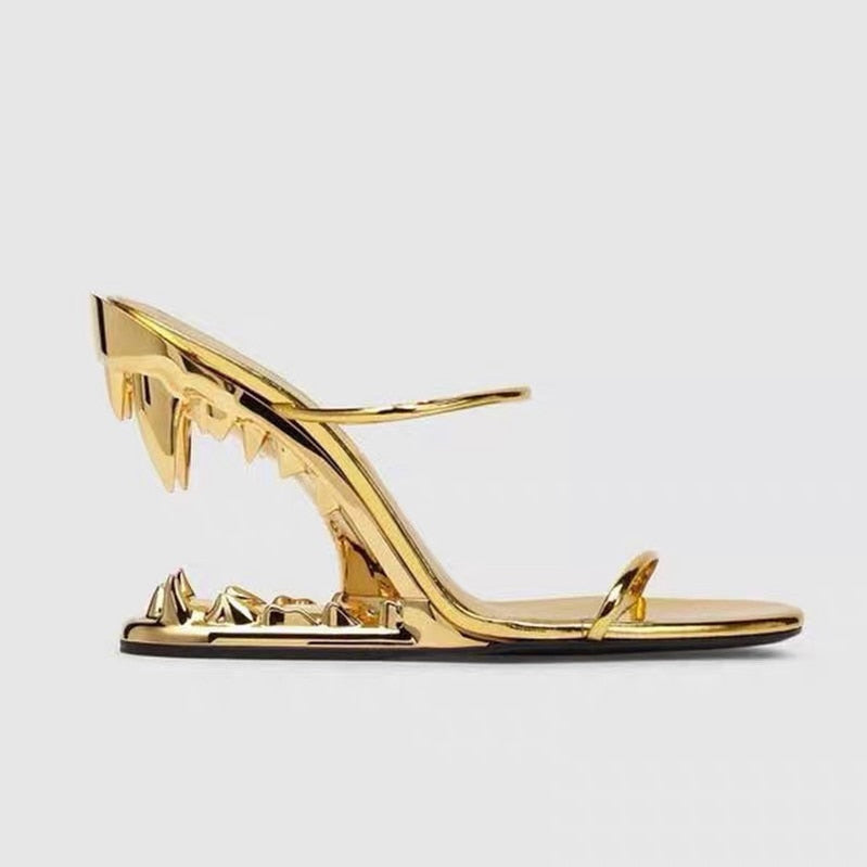 Fashion Metal Teeth Shaped Heel Sandals Round Toe Back Zipper Women's Dress Large Women's Sandals Summer