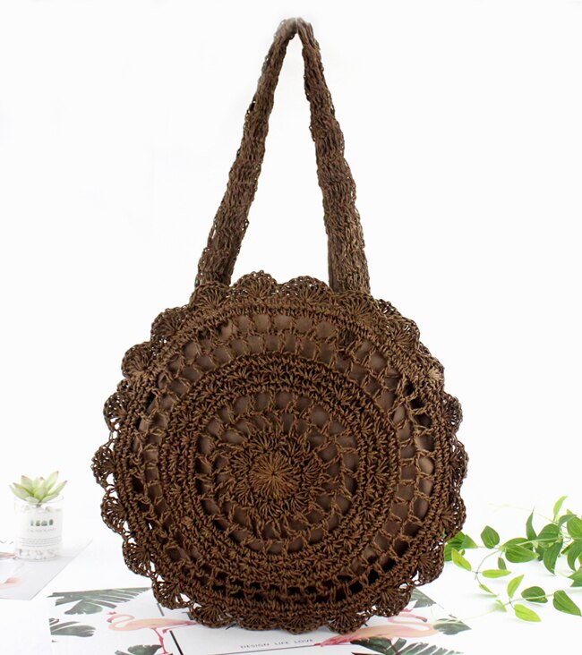 Bohemian Straw Bags for Women Circle Beach Handbags Summer Rattan Shoulder Bags Handmade Knitted Travel Big Totes Bag New DarkBrown
