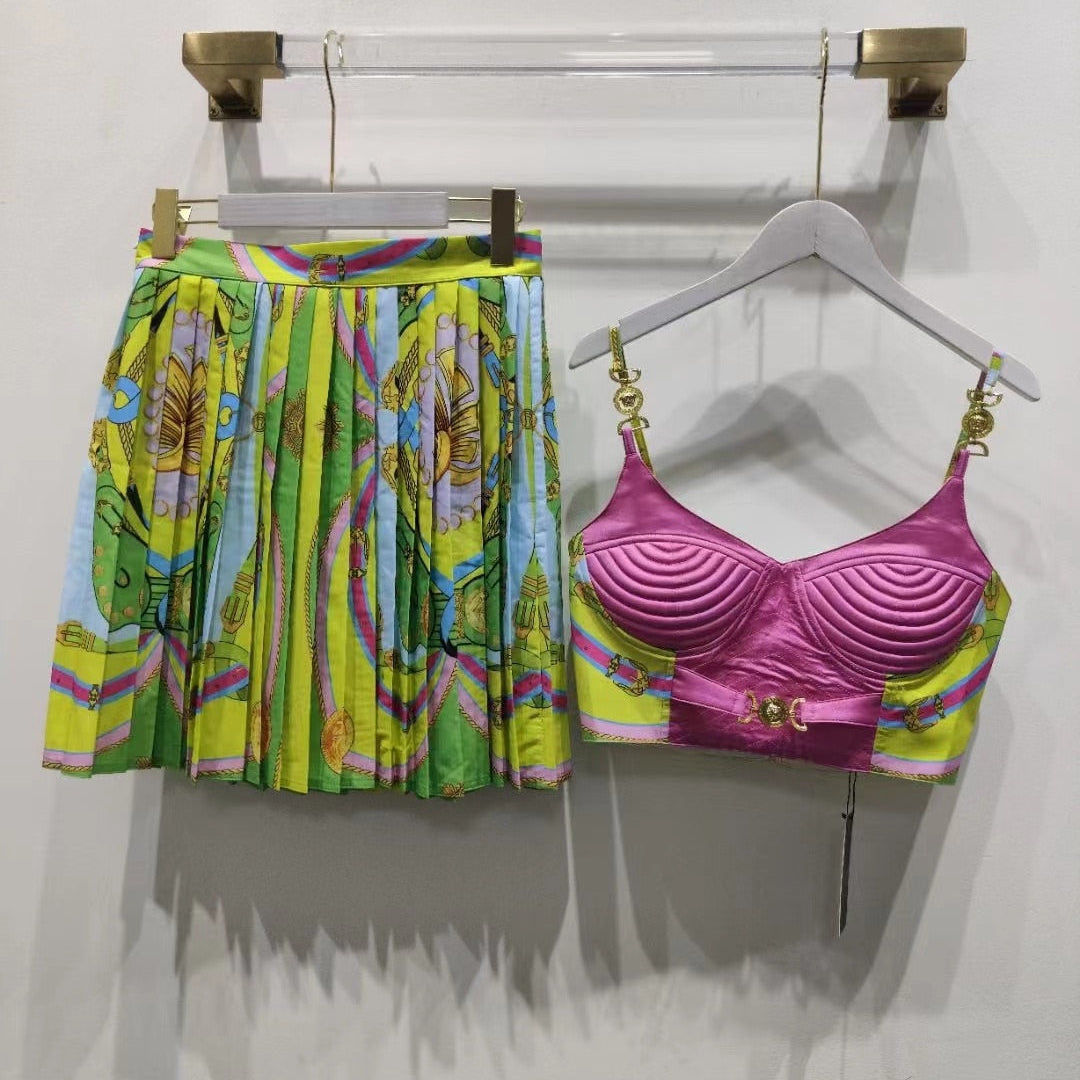 Woman tops satin 3D printing corset sexy women's camisole vest y2k clothes New metal buckle tube top + skirt suit bra 9