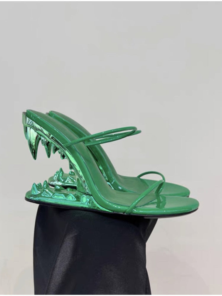 Fashion Metal Teeth Shaped Heel Sandals Round Toe Back Zipper Women's Dress Large Women's Sandals Summer green1