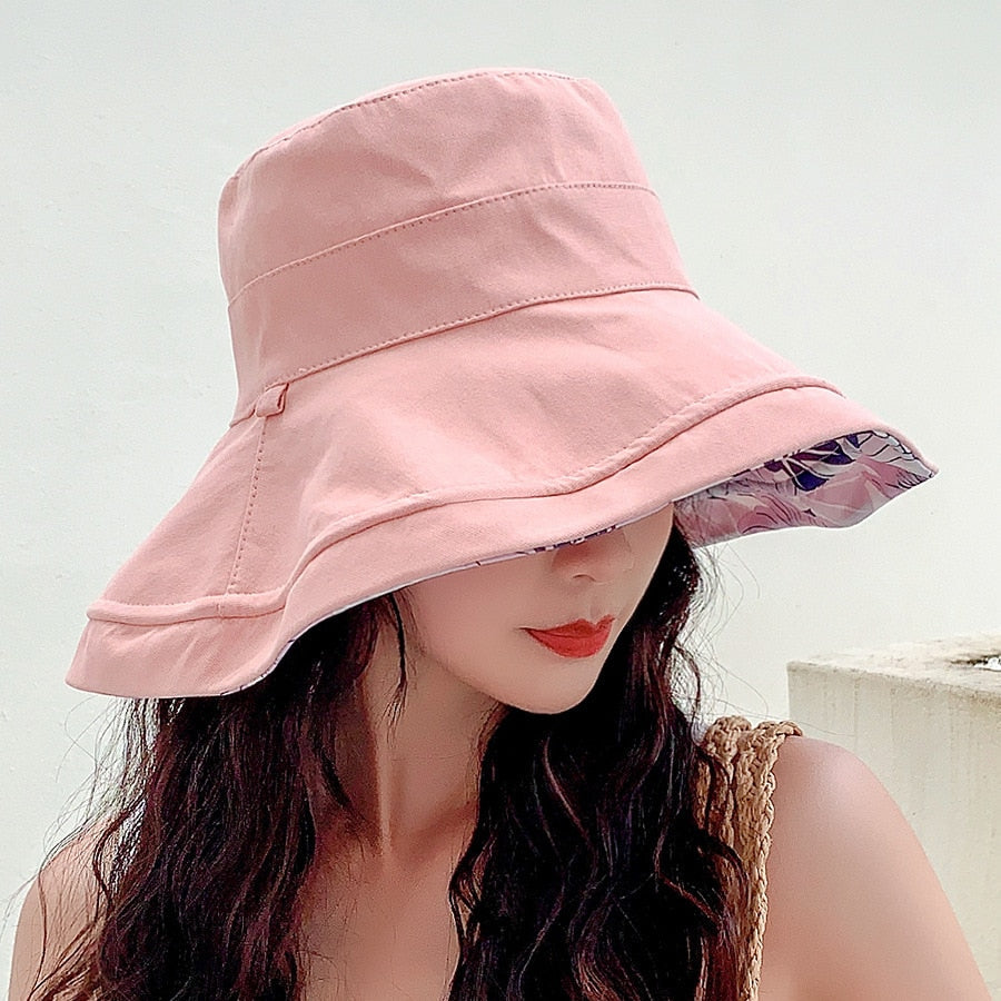 Spring Summer Print Reversible Sun Beach Hat Woman Girl Outdoor Travel Vacation Fisherman Cap Wide Brim 12.5cm Visor Hat C Pink Head Girth 56-58cm