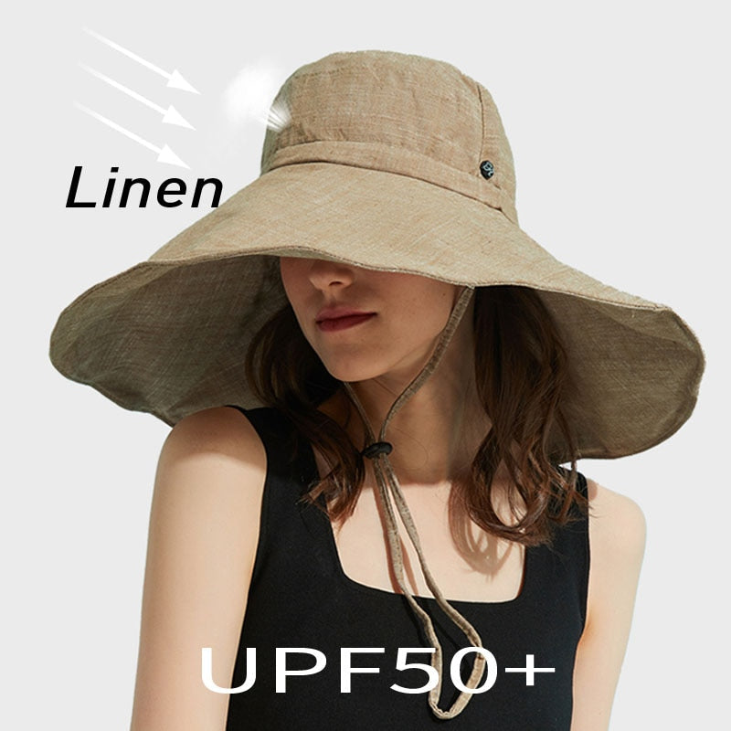 Wide Brim 18cm Linen Sun Hats for Women Uv Protection UPF 50+ Sunshade Foldable Bucket Hat Beach Outing Panama
