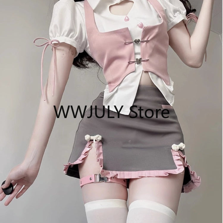Summer Fashion Y2k 3 Piece Sets Woman Casual Solid Shirt Slim Pink Vest High Waist Mini Skirt Sweet Japanese Suit Girl Chic