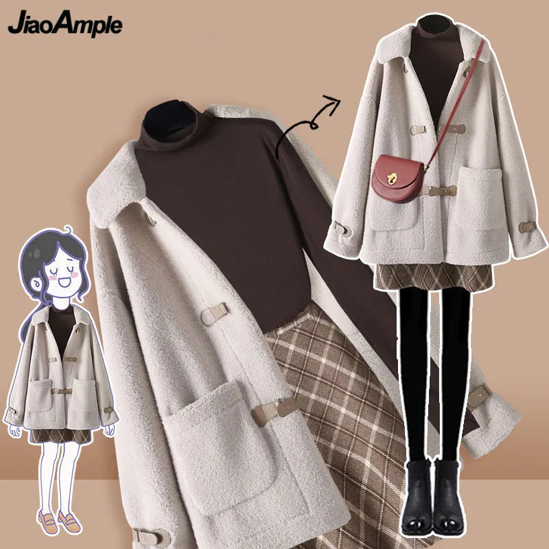 Women's Autumn Winter Lamb Coats Plaid Skirts Bottoming Tops 1 or 3 Piece Set Korean Lady Graceful Outfits Preppy Style Suits