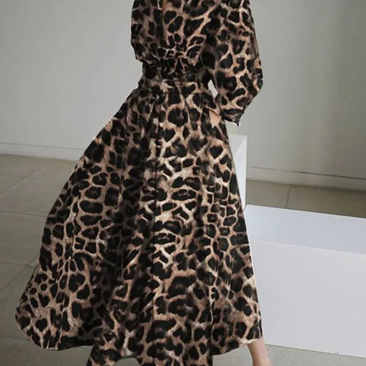 S-5XL Korean Fashion Long Sleeve Shirt Dress Chic Turndown Neck Ruched Maxi Dress Women Autumn Winter Clothes Streetwear Coffee Leopard