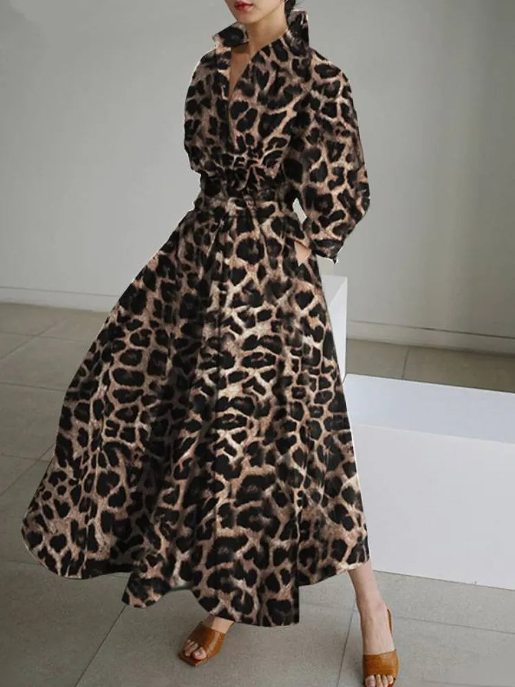 S-5XL Korean Fashion Long Sleeve Shirt Dress Chic Turndown Neck Ruched Maxi Dress Women Autumn Winter Clothes Streetwear Coffee Leopard