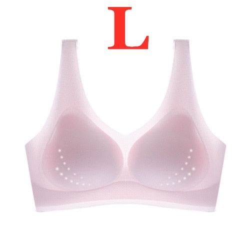 Youpin Women's Ice Silk Seamless Bra Ultra-thin No Steel Ring Breathable Antibacterial Gather One Piece Breathable Underwear Pink L