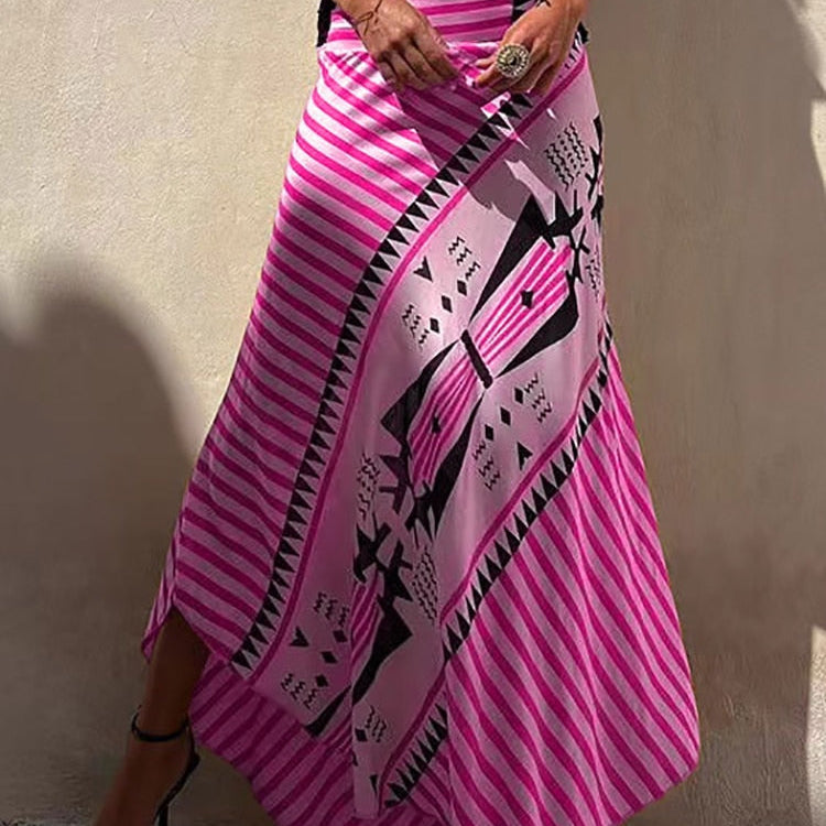 Boho Retro Patchwork Print Skirt Women Summer High Waist A-Line Elastic Long Skirts Casual Holiday Beach Skirt