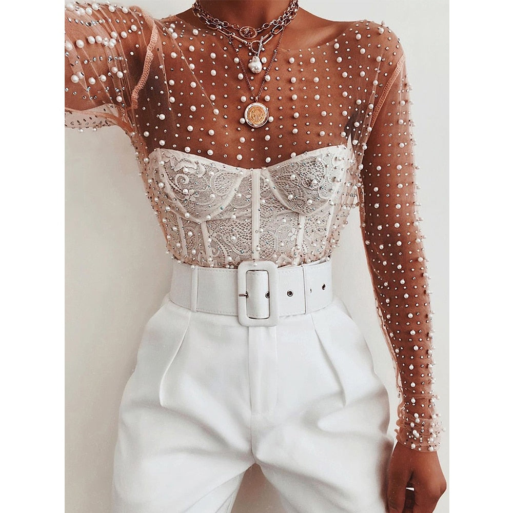 Sexy See Through T Shirt Women Mesh Patchwork Diamonds Pearl Slim T-Shirts Elegant Crop Tops Female 2023 Spring Clothes