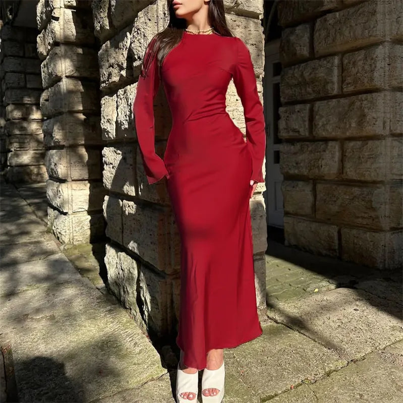 Satin Fashion Slim Maxi Dress For Women Long Sleeve High Waist Elegant Solid Party Dress Casual Luxury Ladies Autumn Dress Red