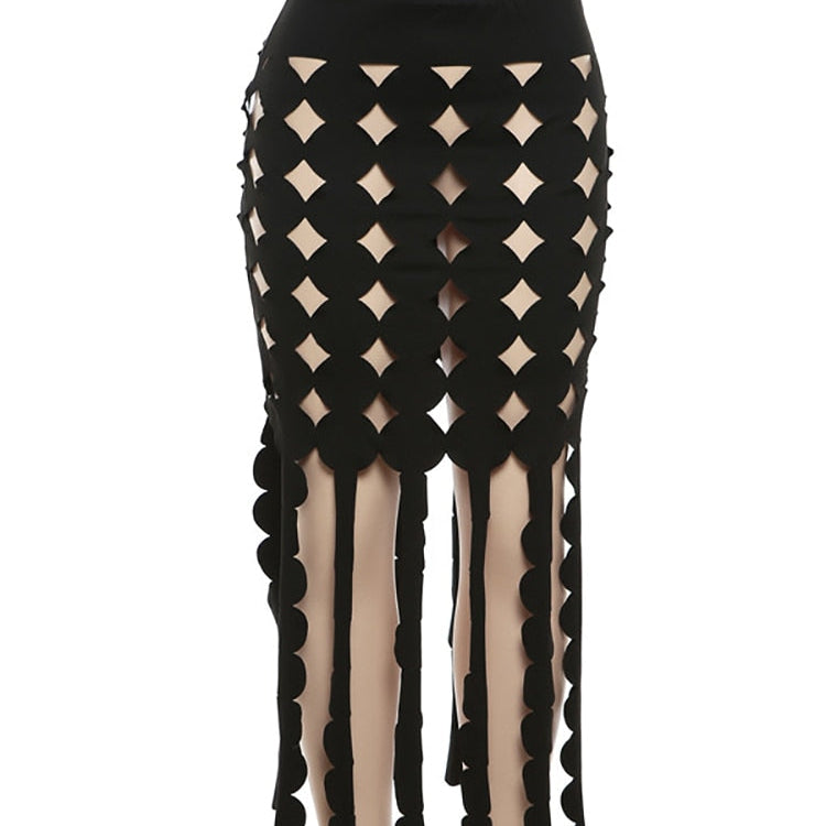 Fantoye Sexy Hollow Out A-line Women Skirt Black See Through High Waist Skirt Female Summer New Slim Elegant Party Clubwear 2023