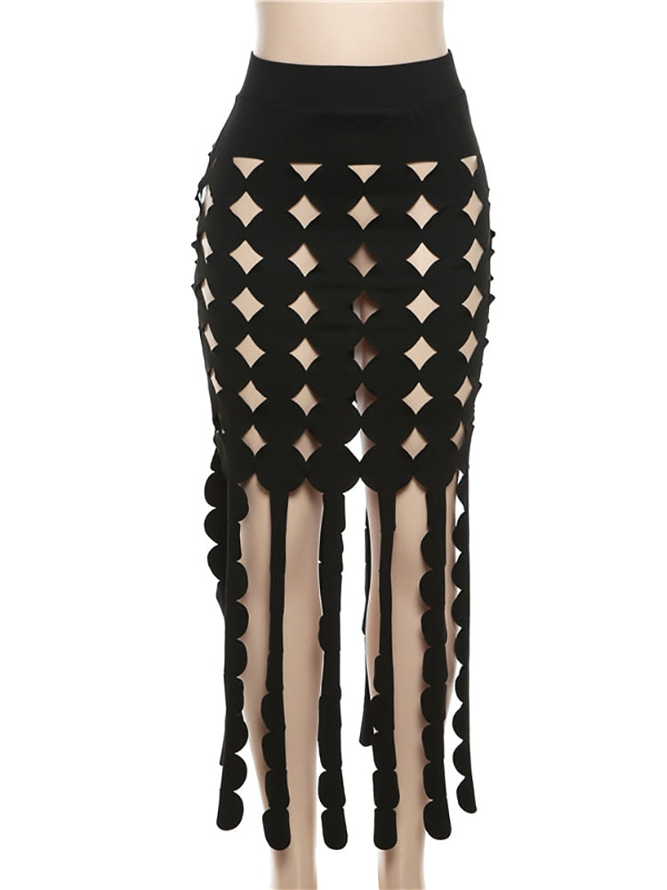 Fantoye Sexy Hollow Out A-line Women Skirt Black See Through High Waist Skirt Female Summer New Slim Elegant Party Clubwear 2023