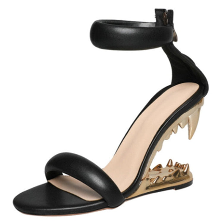 Fashion Metal Teeth Shaped Heel Sandals Round Toe Back Zipper Women's Dress Large Women's Sandals Summer Blac3