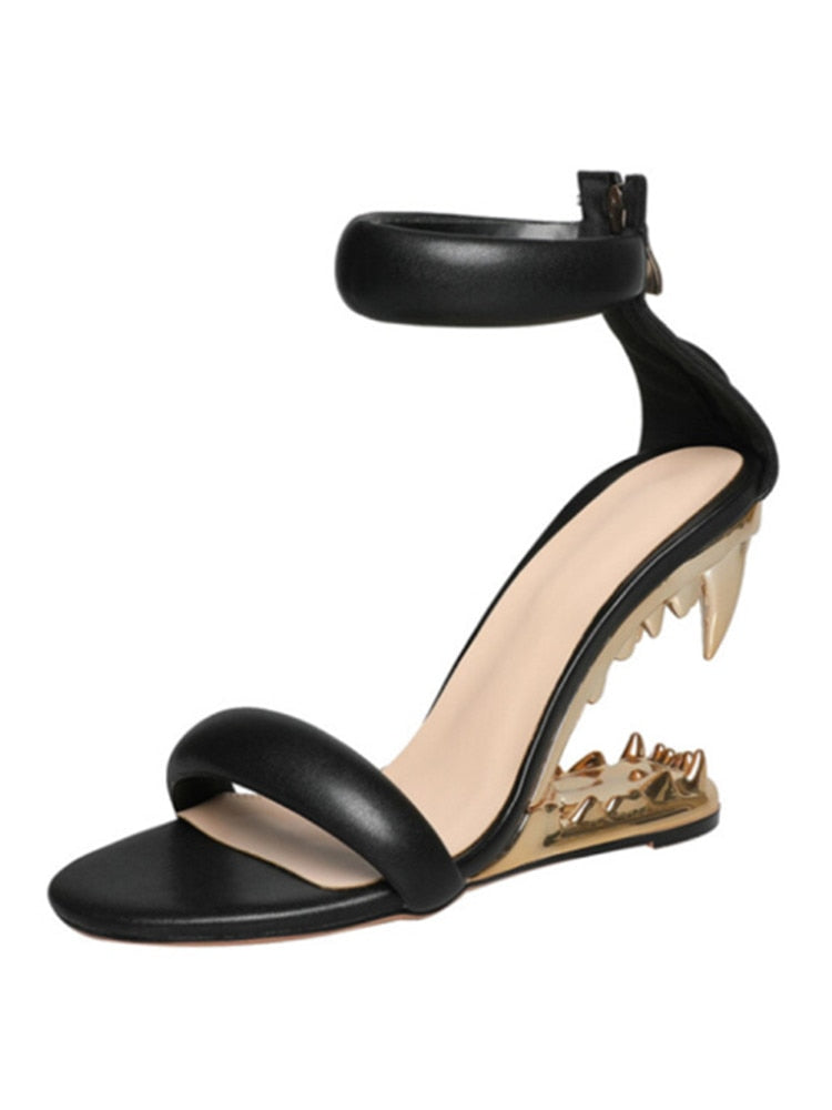 Fashion Metal Teeth Shaped Heel Sandals Round Toe Back Zipper Women's Dress Large Women's Sandals Summer Blac3