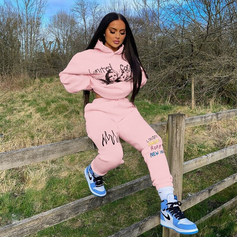 Hoodies Set Woman Pants 2 Pieces Joggers Tracksuit Long Sleeve Sweatshirt Sweatpant Printed Loose Suit Fall Outfits Sportswear Pink