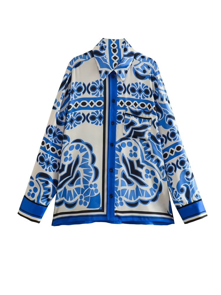 Woman Shirts Pants Sets New Summer Geometric Print Loose Long sleeved Shirts Fashion Elastic Waist Wide Leg Pants Outfits