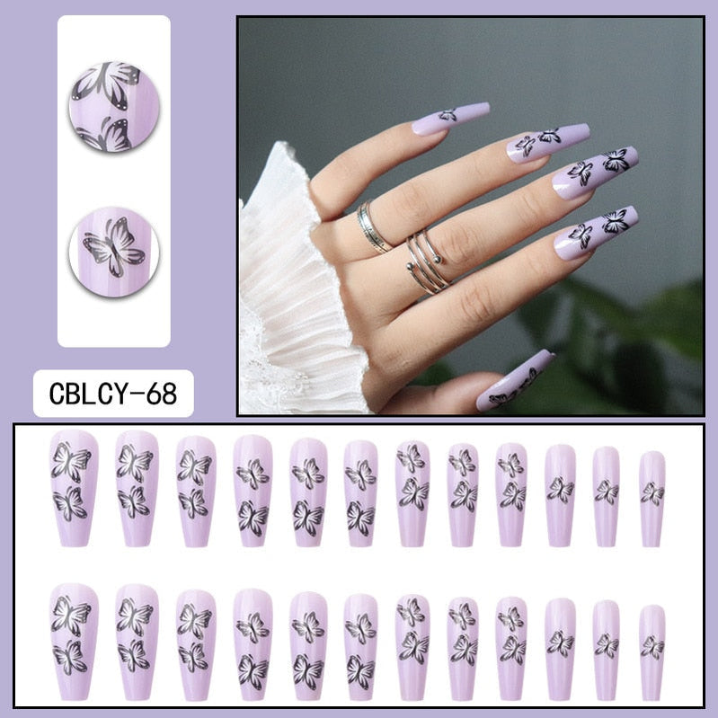 Glossy Pink Wearable Nail Art Blue Rhinestone Extra Long Ballet Detachable Finished False Nails Press on Nails with Glue MT818CBLCY68