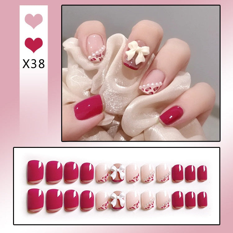 24PCS/Box Bowknot Rabbit Pattern Pearl Short Square Designer Fashion Design French Style Full Covering Pressed Fake Nails X38---Fake Nails