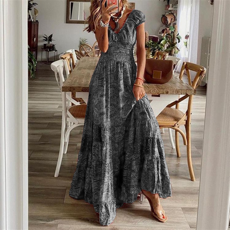 Summer Vintage Long Dresses Women 2023 Bohemian Elegant Floral Print V Neck Robe Beach Holiday Casual Big Swing Maxi Dresses Gray