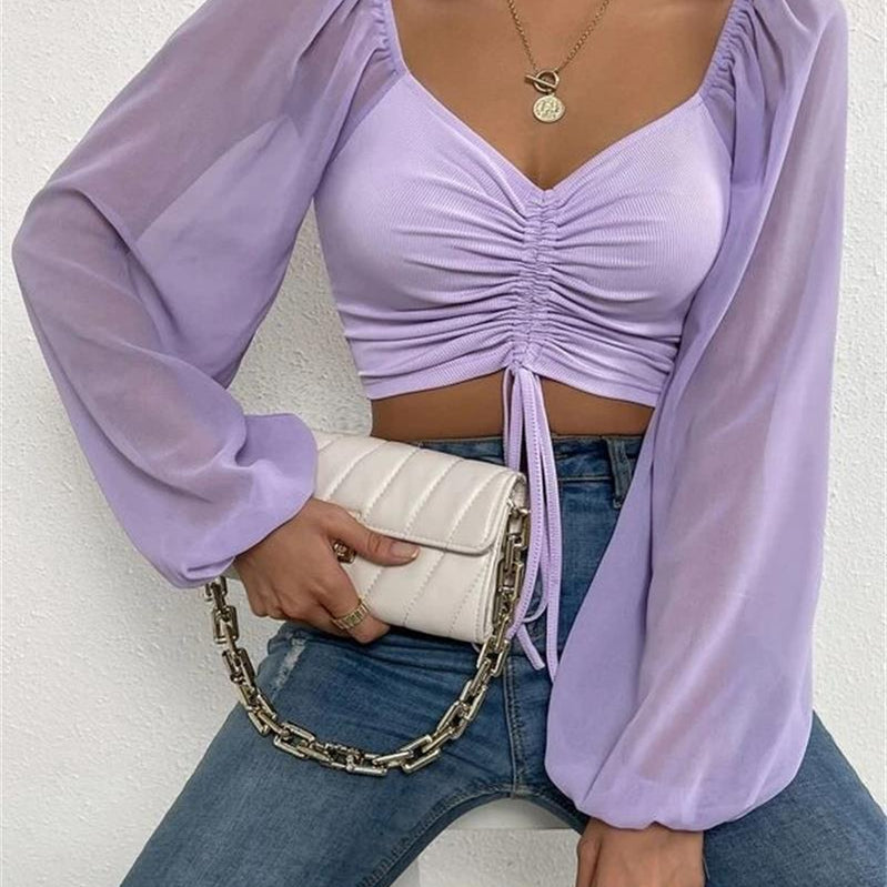 Sexy V-neck Women T Shirt Casual Drawstring Crop Tops Tee Ladies Blusas Summer Short Tshirt Woman Clothes Long Sleeve T Shirt light purple