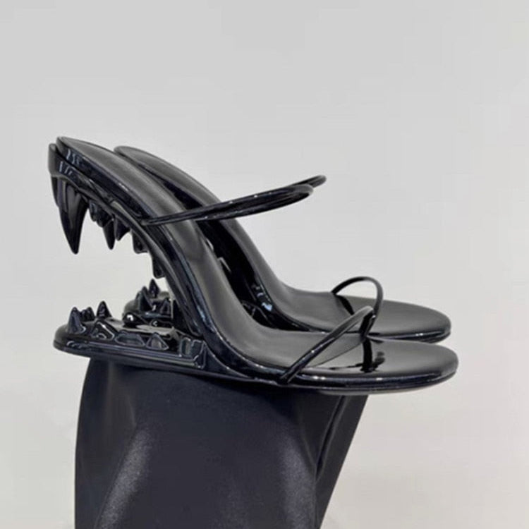 Fashion Metal Teeth Shaped Heel Sandals Round Toe Back Zipper Women's Dress Large Women's Sandals Summer Black1