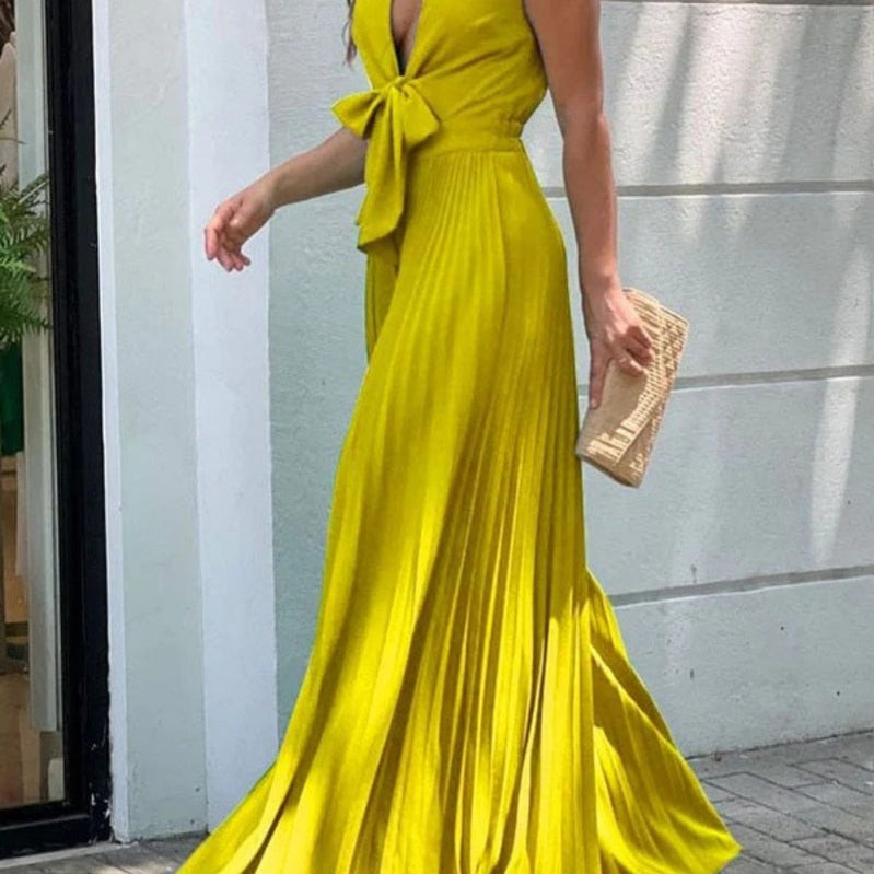 Onecozyday Stylish Sleeveless Lace-Up Pleated Deep V-Neck Sexy Jumpsuits Summer Vacation Party Prom Jump Suits For Women