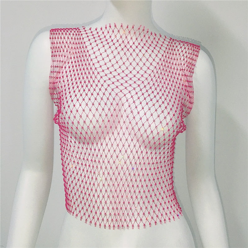 Women's Fishnet Rhinestone Crop Top 2023 Summer Sexy Mesh High Elastic Black White Shirt Net See Through Rave Diamond Tank Top Red Spain