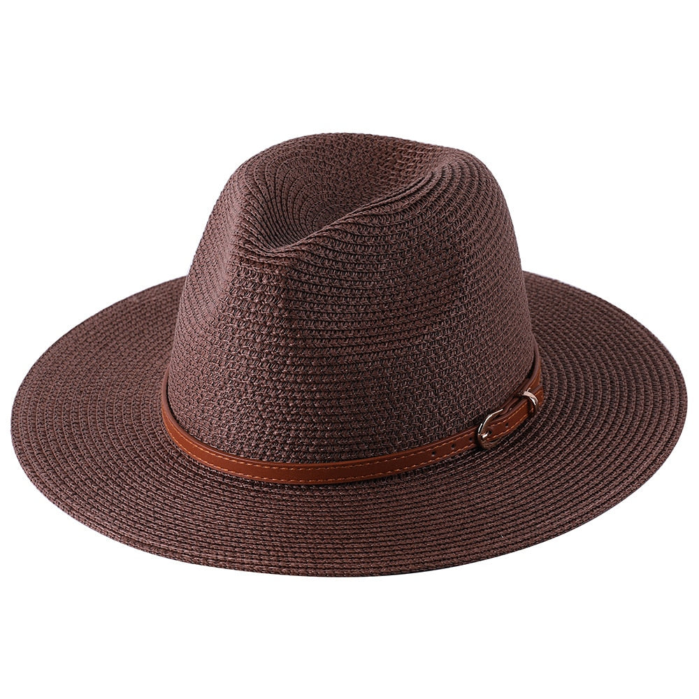 56-58-59-60CM New Natural Panama Soft Shaped Straw Hat Summer Women/Men Wide Brim Beach Sun Cap UV Protection Fedora Hat Brown02