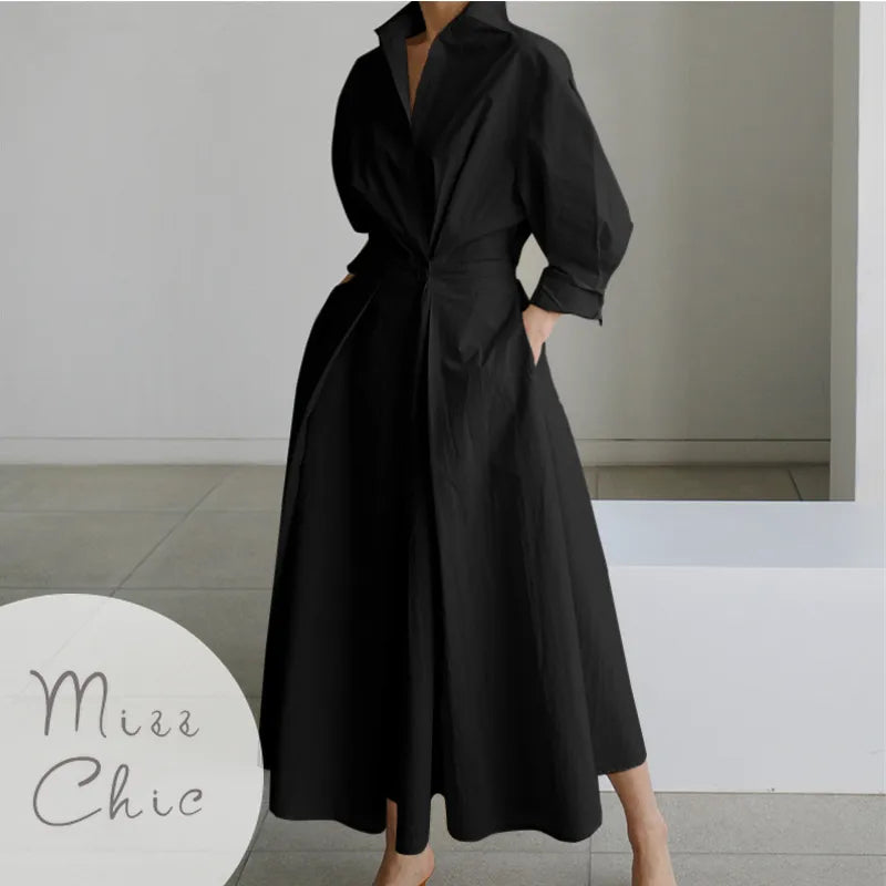 S-5XL Korean Fashion Long Sleeve Shirt Dress Chic Turndown Neck Ruched Maxi Dress Women Autumn Winter Clothes Streetwear