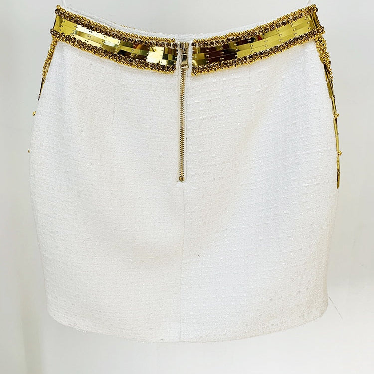 HIGH STREET Newest 2023 Designer Fashion Women's Stunning Metallic Diamonds Strass Handwork Beaded Tweed Mini Skirt