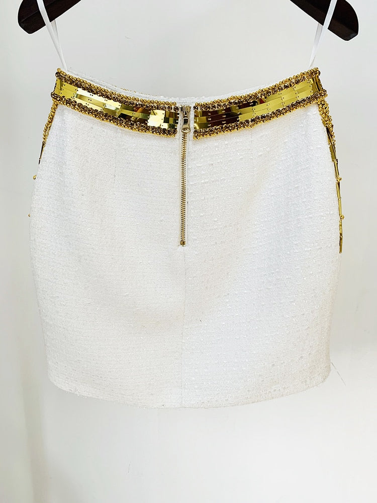 HIGH STREET Newest 2023 Designer Fashion Women's Stunning Metallic Diamonds Strass Handwork Beaded Tweed Mini Skirt