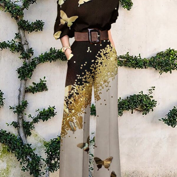 Print Jumpsuit Women Autumn and Spring New Fashion Long Sleeve Lapel Loose Casual Elegance Green Jumpsuits Print 1 (No Belt)