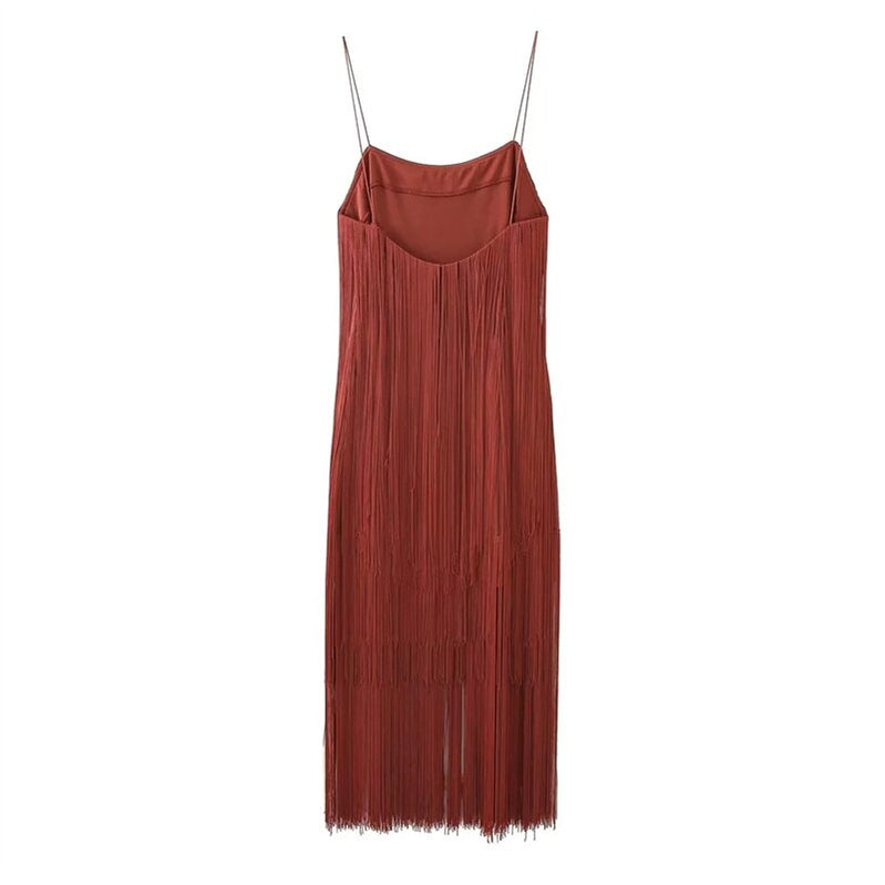 Fringed Slip Midi Dresses For Woman Sexy Backless Luxury Party Dress Woman Vintage Brown Sleeveless Dress Summer Dress