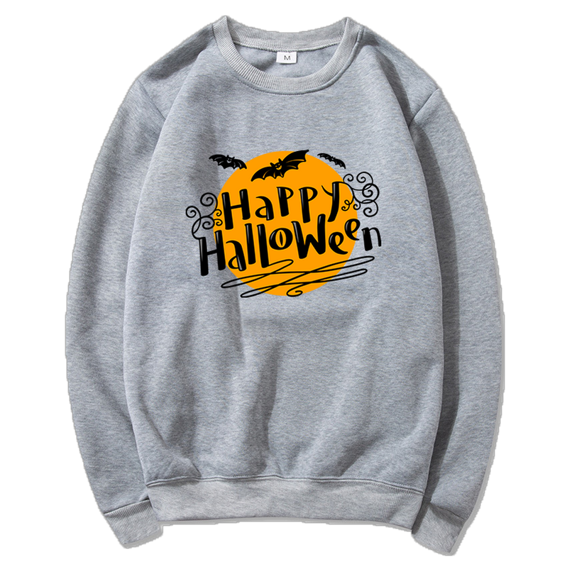 Fashion Halloween Pattern Print Crew Neck Sweater Casual Sports Outdoor Cute Long Sleeve Sweatshirt Gray