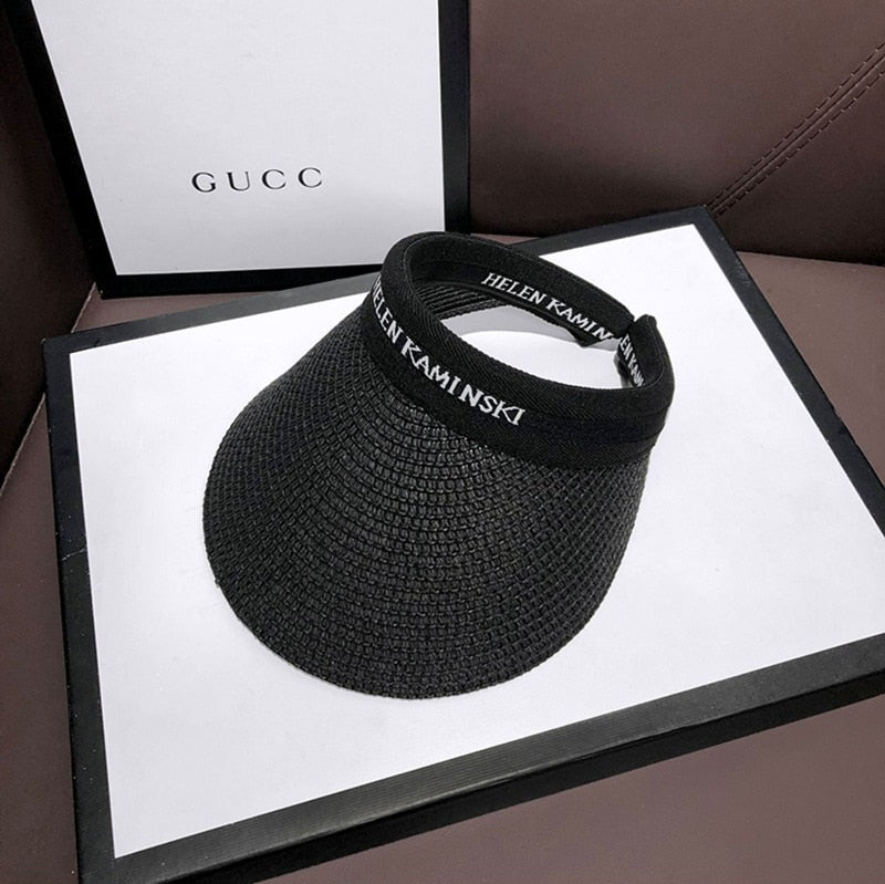 Empty Top Straw Hat Travel Sunshade Sun Hat Cap Trendy Superlite Beach Cap summer Wear Visor Cap For Womens Black-1 57 cm