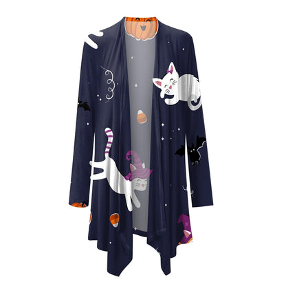 Halloween Printed Cardigan Women Casual Ghost Cat Cartoon Festival Fashion Long Sleeve Casual Cardigan Jacket Coat Top Jersey